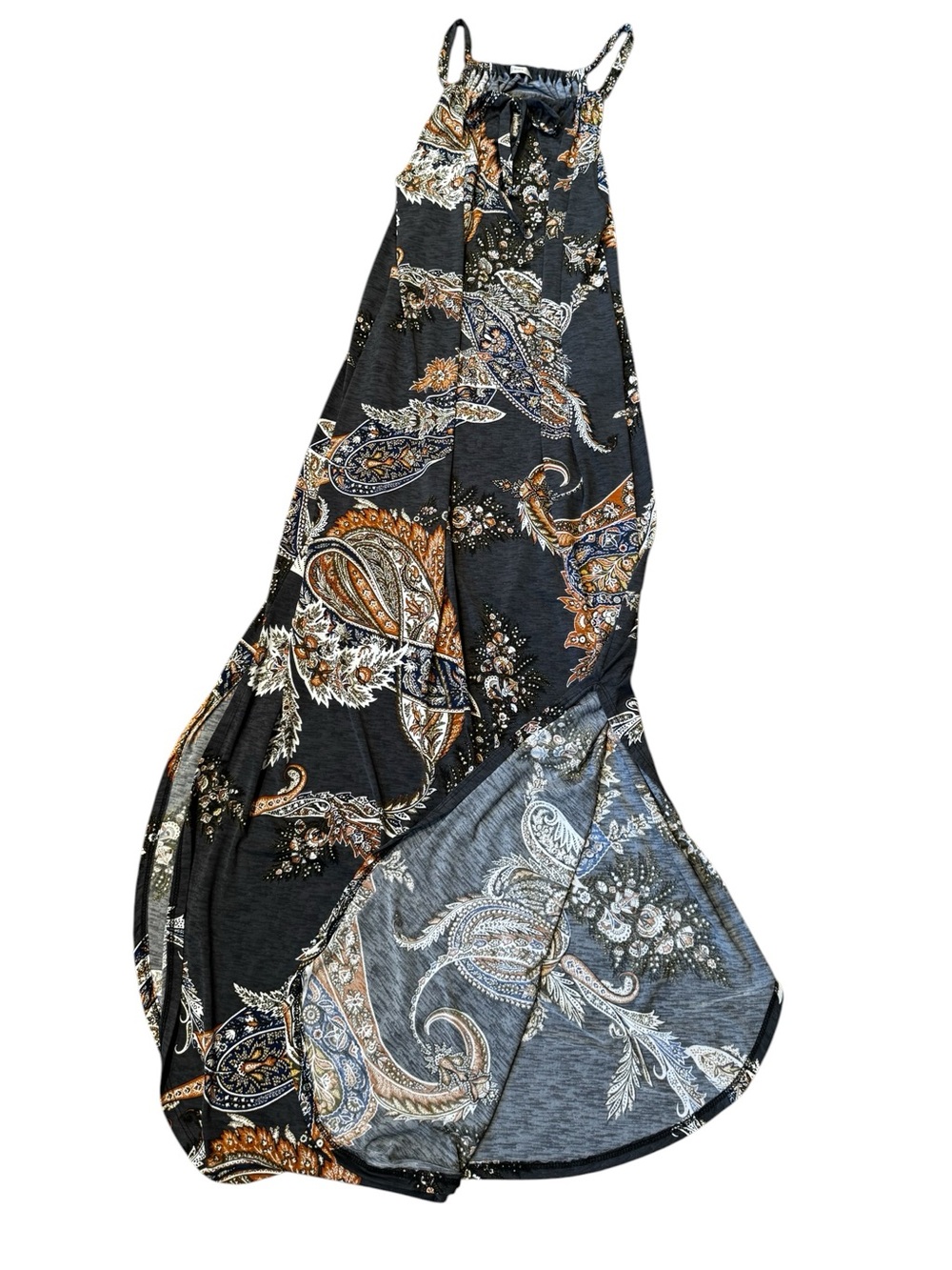 Casual Boho Style Paisley Halter Maxi in Charcoal, Rust and Cream. Size L - Picture 5 of 8